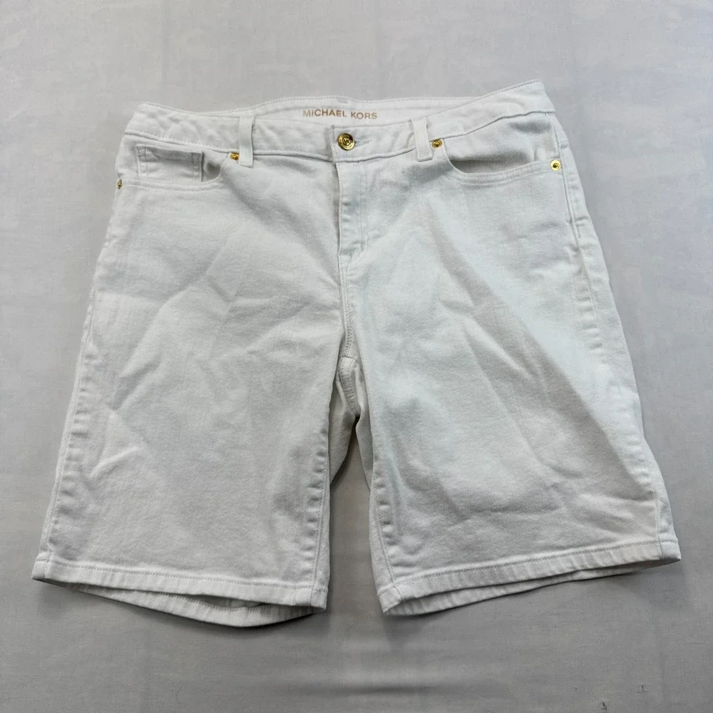 Michael Kors Bermuda Shorts Womens 8 White Denim Mid Rise Stretch Five Pockets